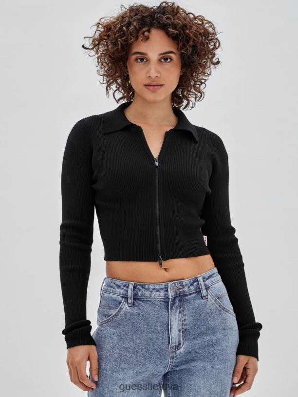 unisex GUESS 6NLN1201 drabužiai juodas originalus ekologinis megztinis su dvigubu užtrauktuku