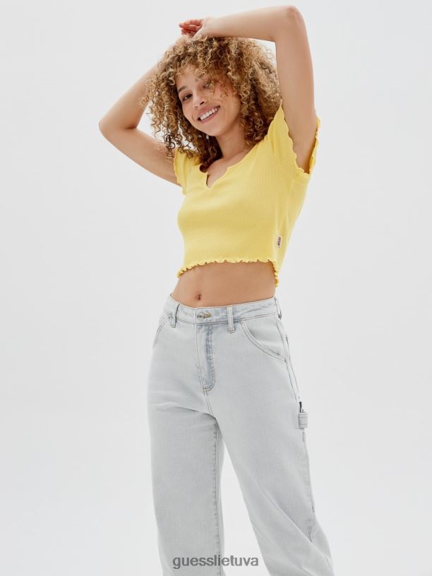 unisex GUESS 6NLN1351 drabužiai sviesto kukurūzai Originalūs marškinėliai su v formos įpjovomis