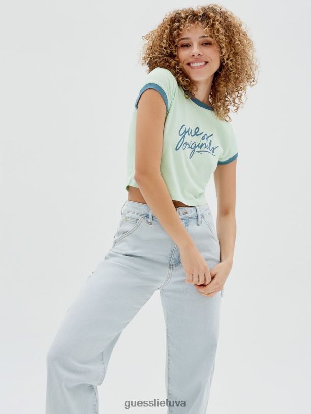 moterys GUESS 6NLN1352 drabužiai minkštas nefritas originalus apkarpytas ringer marškinėliai