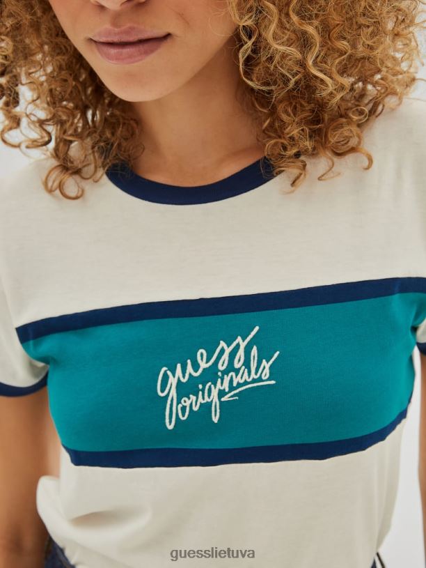 unisex GUESS 6NLN1244 drabužiai balandis baltas Originalus ringer marškinėliai