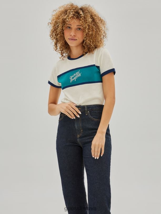 unisex GUESS 6NLN1244 drabužiai balandis baltas Originalus ringer marškinėliai