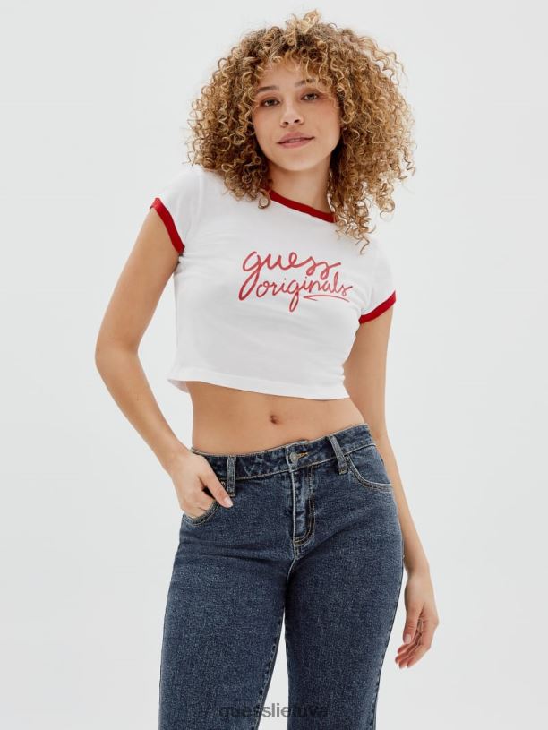 unisex GUESS 6NLN1367 drabužiai visiškai baltas originalus apkarpytas ringer marškinėliai