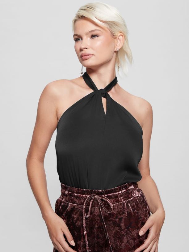 moterys GUESS 6NLN1486 drabužiai juodas ekologinis viržių apynasris bodis