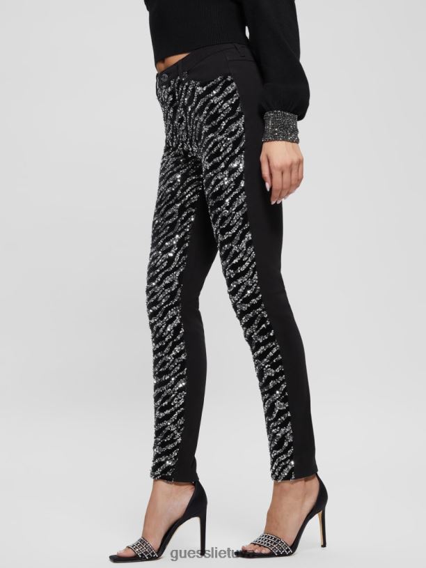 moterys GUESS 6NLN220 drabužiai glam tigro sidabras 1981 m. siauri džinsai su tigro blizgučiais
