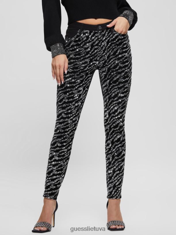 moterys GUESS 6NLN220 drabužiai glam tigro sidabras 1981 m. siauri džinsai su tigro blizgučiais