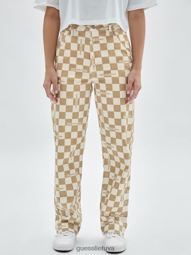 moterys GUESS 6NLN227 drabužiai blyškiai smėlio spalvos nuogas originalūs languoti dailidės džinsai