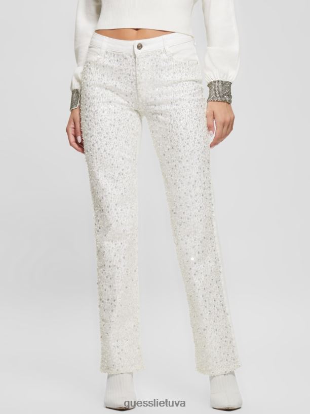 moterys GUESS 6NLN273 drabužiai grynai baltas multi blizgučiais seksualios tiesios kelnės