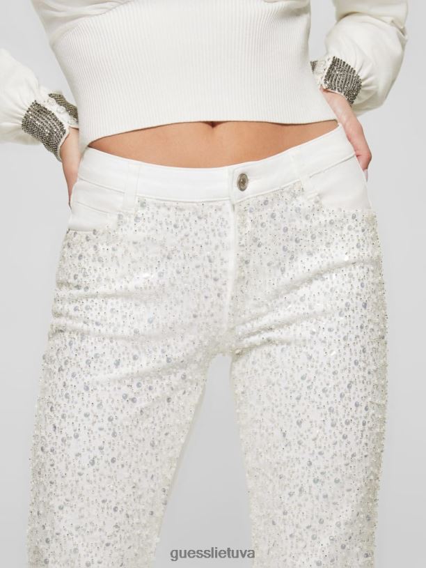 moterys GUESS 6NLN273 drabužiai grynai baltas multi blizgučiais seksualios tiesios kelnės