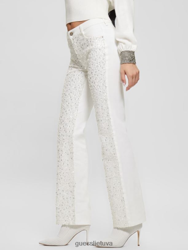 moterys GUESS 6NLN273 drabužiai grynai baltas multi blizgučiais seksualios tiesios kelnės