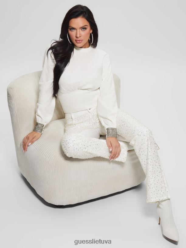 moterys GUESS 6NLN273 drabužiai grynai baltas multi blizgučiais seksualios tiesios kelnės