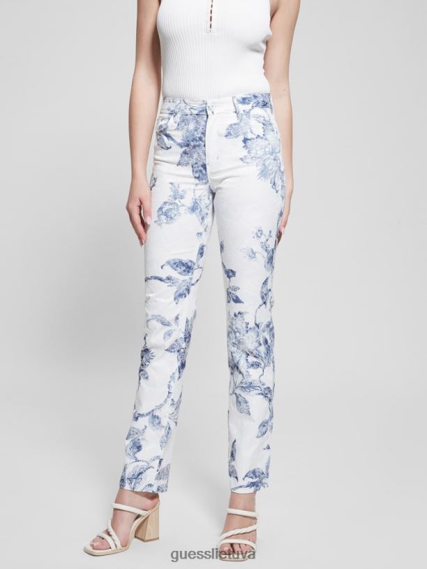 moterys GUESS 6NLN64 drabužiai porcelianinė gėlė 1981 m. gėlėtos vidutinio aukščio tiesios austinės kelnės