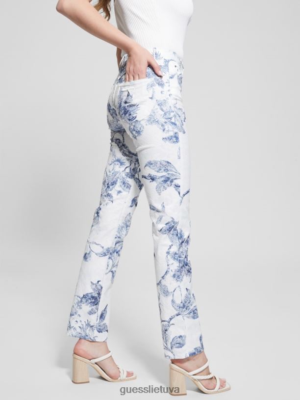 moterys GUESS 6NLN64 drabužiai porcelianinė gėlė 1981 m. gėlėtos vidutinio aukščio tiesios austinės kelnės