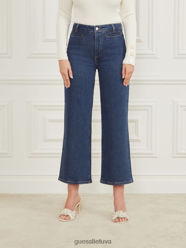 moterys GUESS 6NLN68 drabužiai tamsiai mėlynas džinsinis skalbimas lyriškos plačios džinsinės kelnės