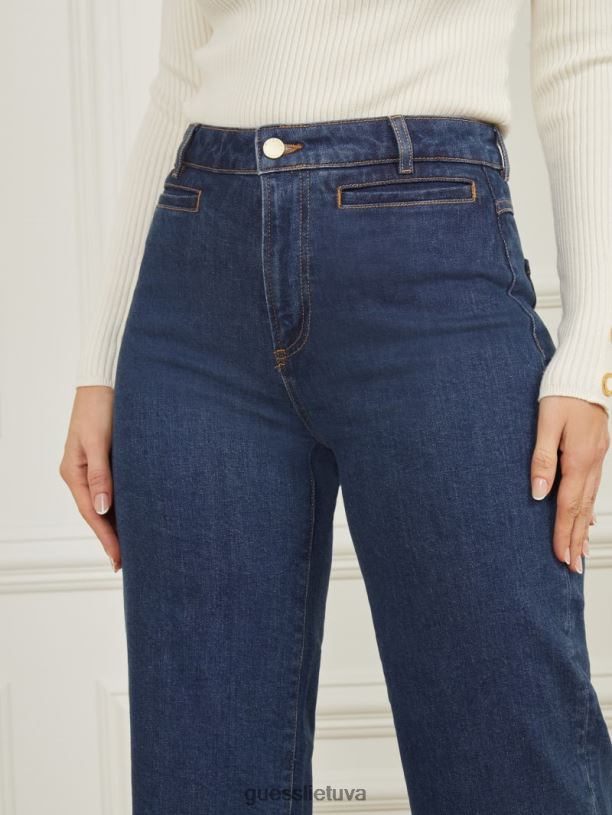 moterys GUESS 6NLN68 drabužiai tamsiai mėlynas džinsinis skalbimas lyriškos plačios džinsinės kelnės