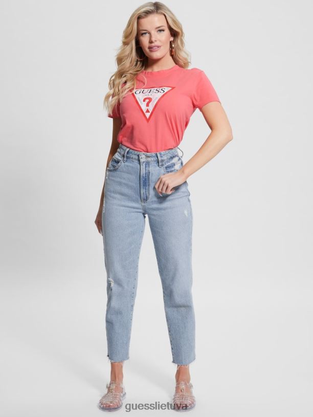moterys GUESS 6NLN1142 drabužiai plastikinė rožinė ekologinio trikampio marškinėliai su logotipu
