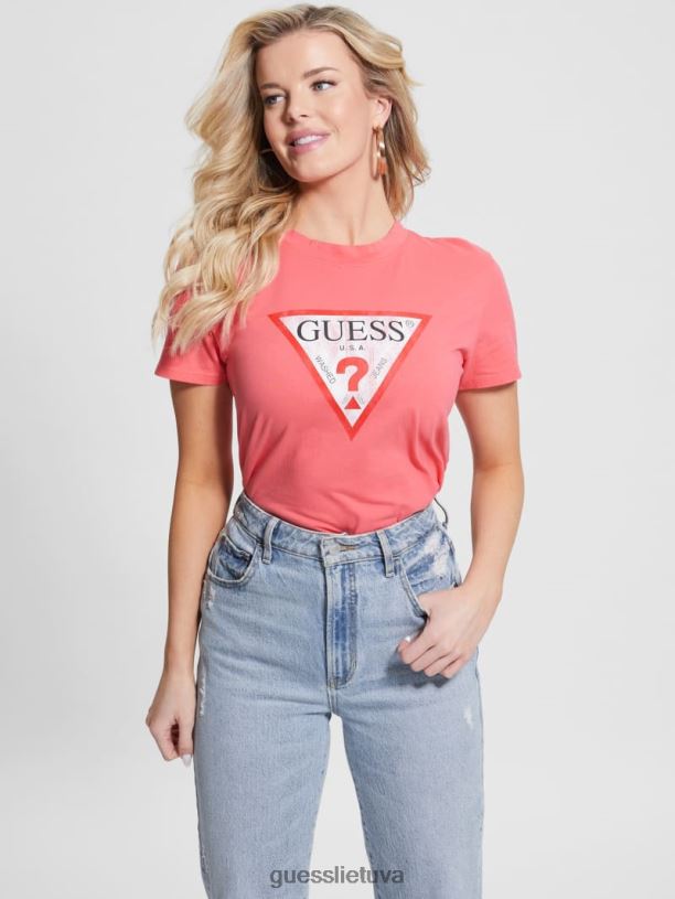 moterys GUESS 6NLN1142 drabužiai plastikinė rožinė ekologinio trikampio marškinėliai su logotipu