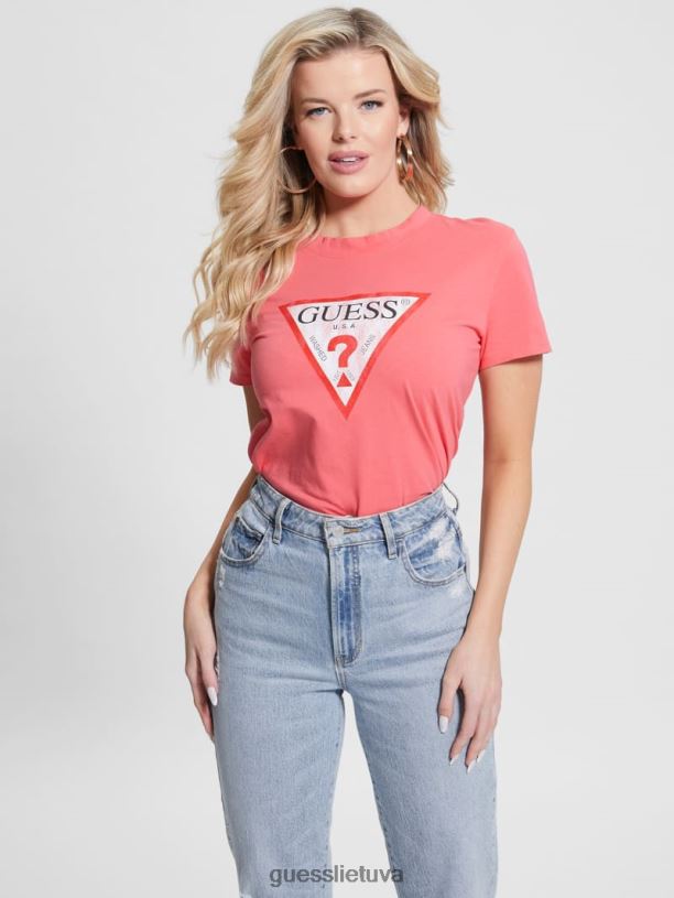 moterys GUESS 6NLN1142 drabužiai plastikinė rožinė ekologinio trikampio marškinėliai su logotipu