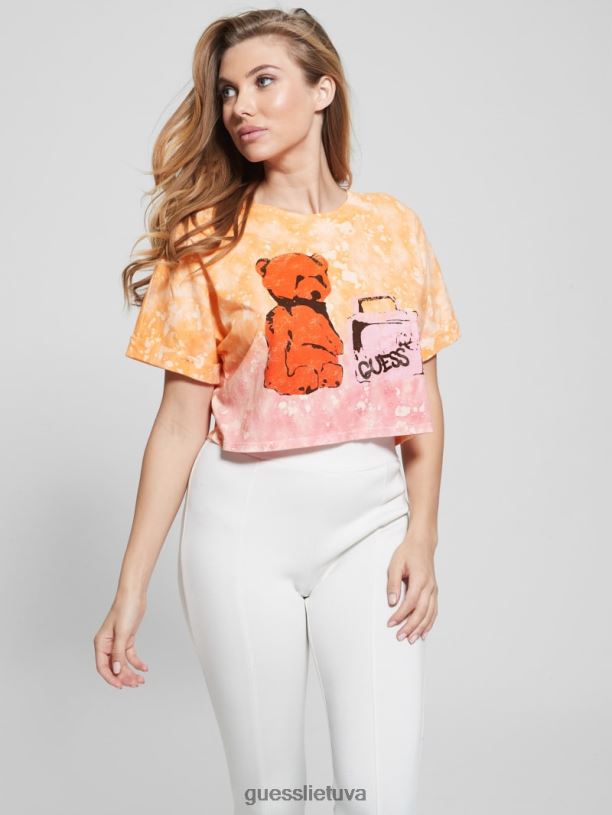 moterys GUESS 6NLN1385 drabužiai vaivorykštės multi teddy crop marškinėliai