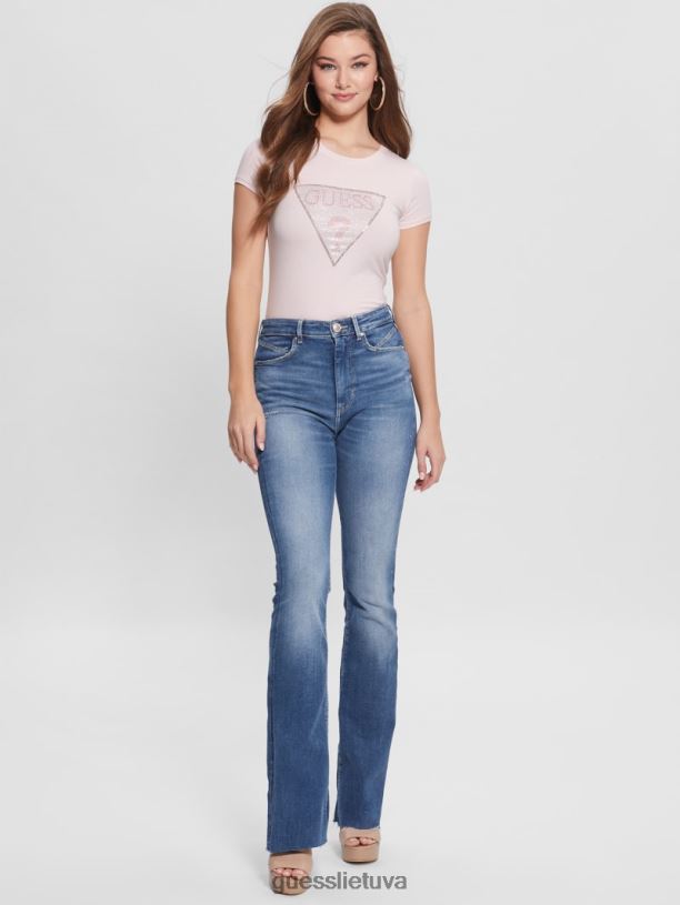 moterys GUESS 6NLN1408 drabužiai žemo klavišo rožinė ekologinio krištolo trikampio marškinėliai su logotipu