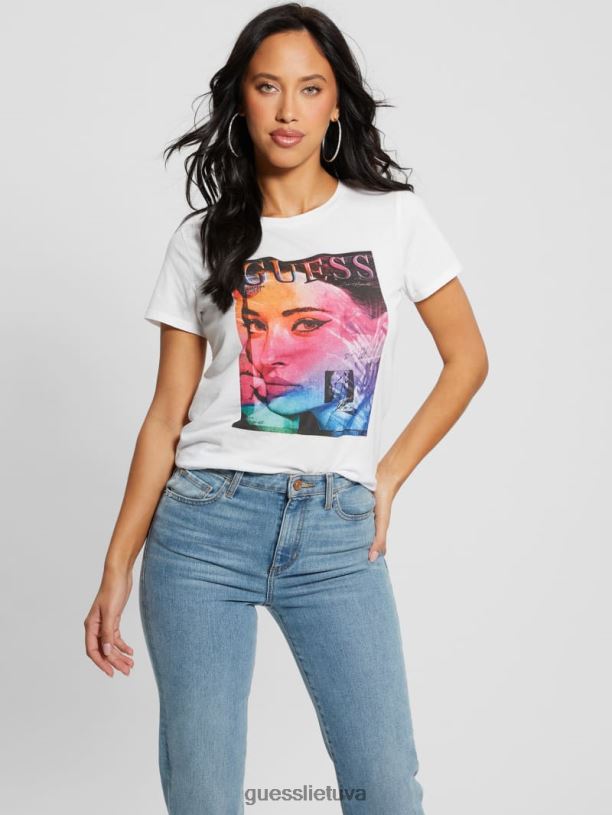 moterys GUESS 6NLN1538 drabužiai visiškai baltas ombre žurnalas lengvas marškinėliai