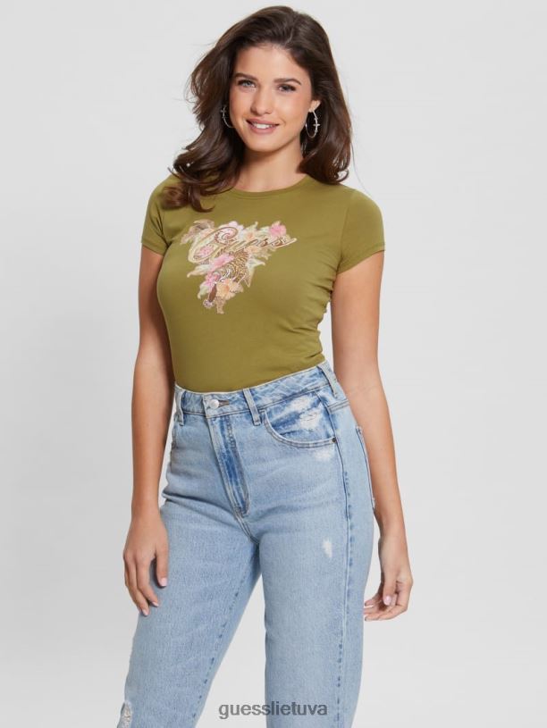 moterys GUESS 6NLN1677 drabužiai upės žiotys žalia ekologinis hibiscus marškinėliai su logotipu