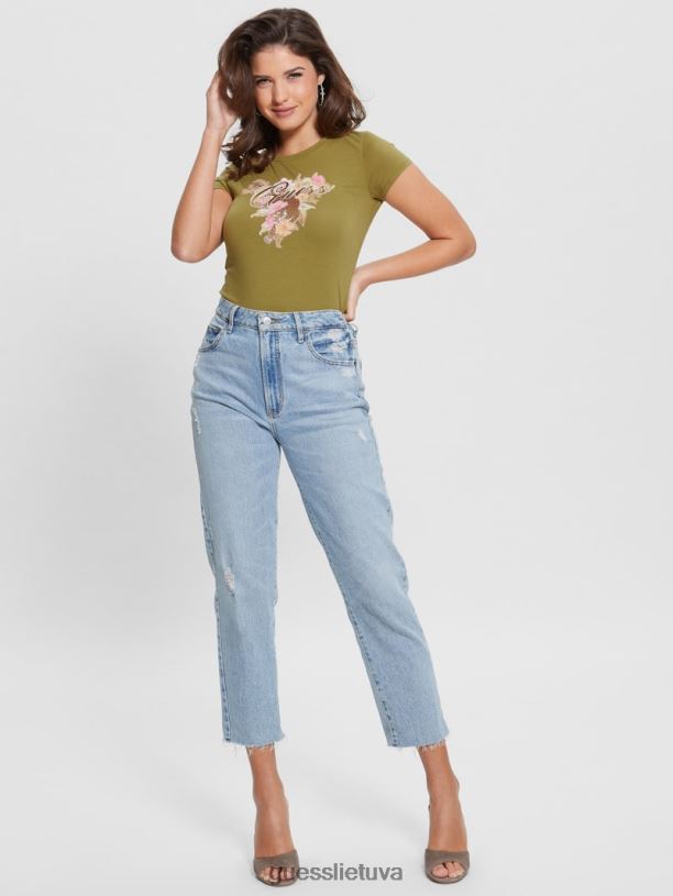 moterys GUESS 6NLN1677 drabužiai upės žiotys žalia ekologinis hibiscus marškinėliai su logotipu