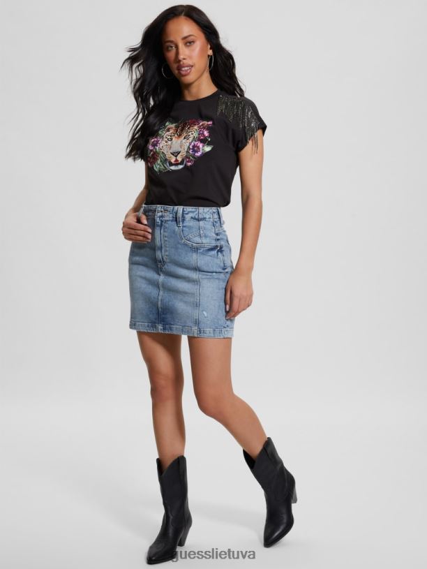 moterys GUESS 6NLN995 drabužiai rūgščios juodos spalvos marškinėliai su leopardo kutais