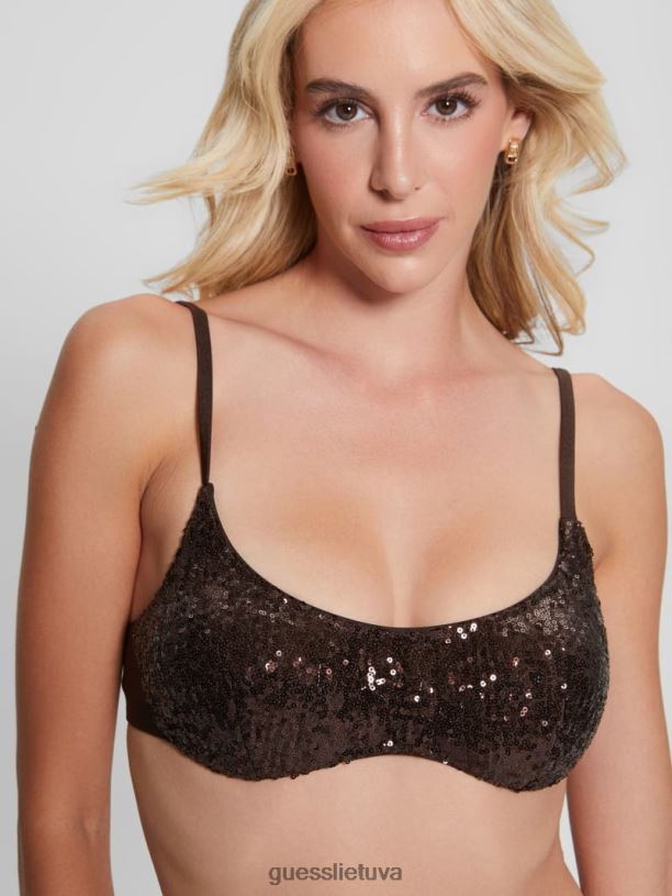 moterys GUESS 6NLN2543 drabužiai tamsiai kaštoninės spalvos Bikinio viršus su blizgučiais su bralette