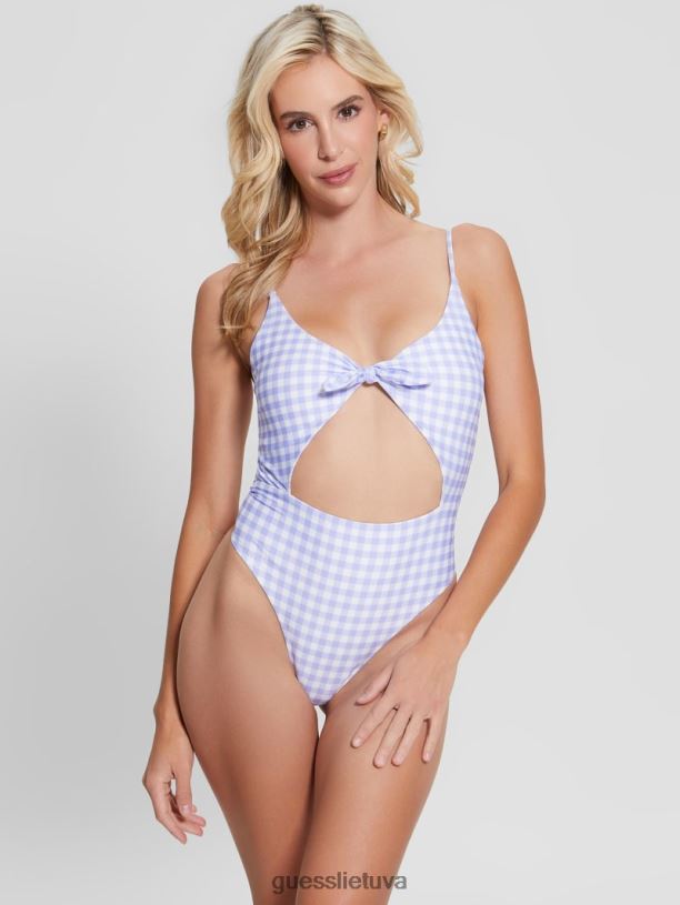 moterys GUESS 6NLN2550 drabužiai maža balta levanda Vich eco gingham vientisas maudymosi kostiumėlis