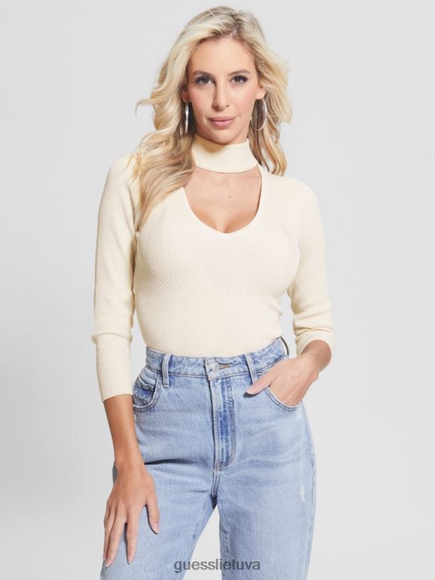 moterys GUESS 6NLN1643 drabužiai kreminė balta multi lea iškirpti blizgučiais megztinis