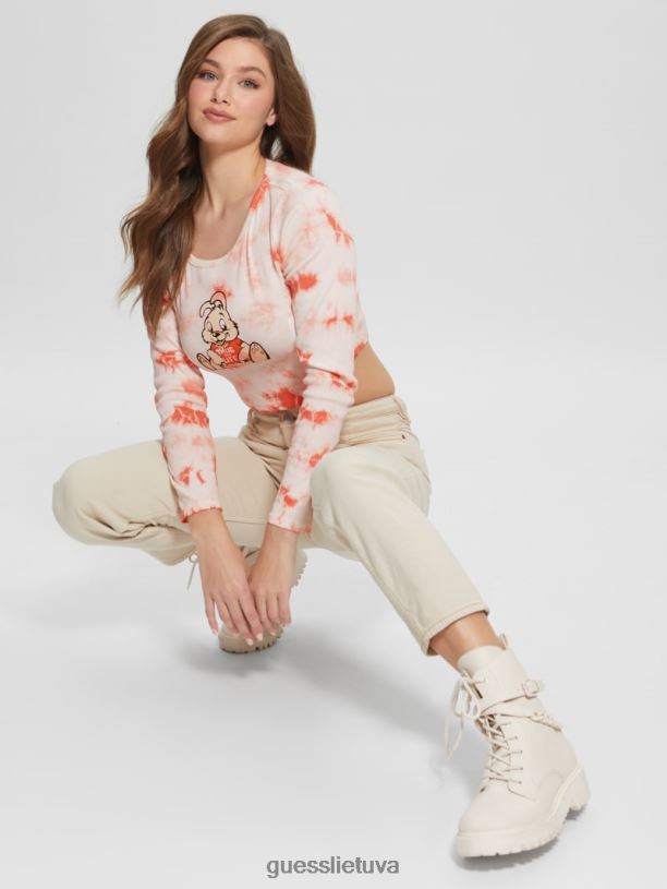moterys GUESS 6NLN1040 drabužiai sveiki persikų multi Bunny grafinis kaklaraištis dažomas viršus