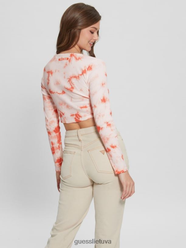 moterys GUESS 6NLN1040 drabužiai sveiki persikų multi Bunny grafinis kaklaraištis dažomas viršus