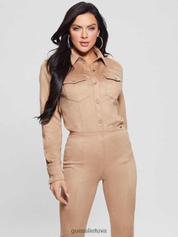 moterys GUESS 6NLN1109 drabužiai drėgnas smėlis marškinėliai iš dirbtinės zomšos vakarietiški marškiniai