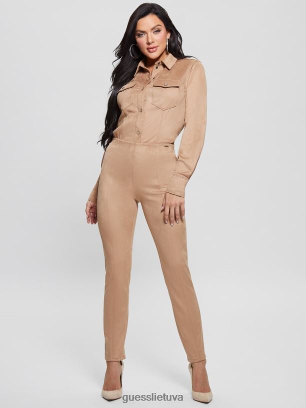 moterys GUESS 6NLN1109 drabužiai drėgnas smėlis marškinėliai iš dirbtinės zomšos vakarietiški marškiniai