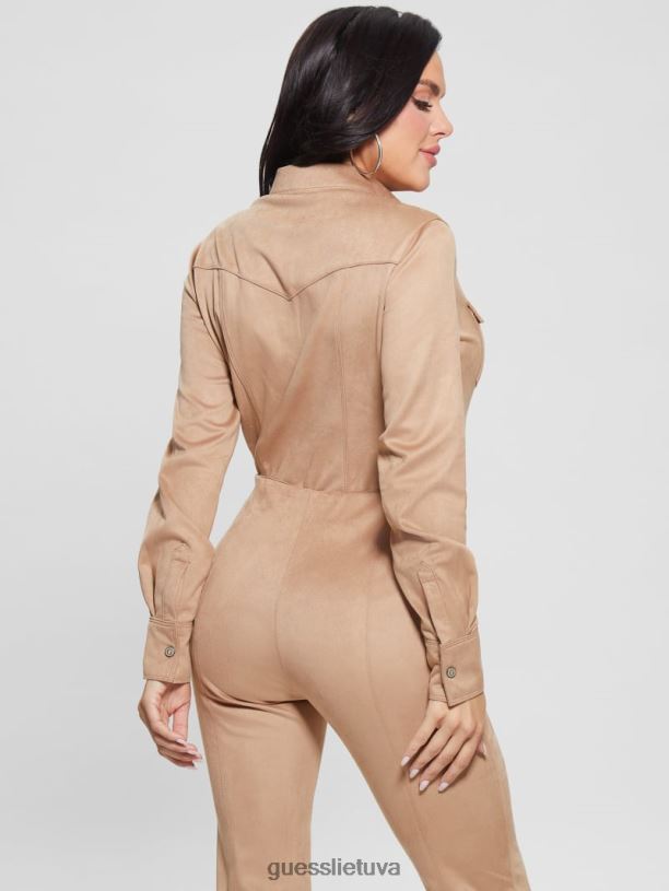 moterys GUESS 6NLN1109 drabužiai drėgnas smėlis marškinėliai iš dirbtinės zomšos vakarietiški marškiniai