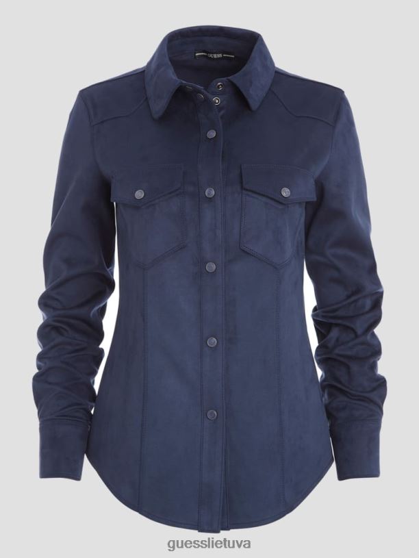 moterys GUESS 6NLN1195 drabužiai pajuodęs mėlynas marškinėliai iš dirbtinės zomšos vakarietiški marškiniai