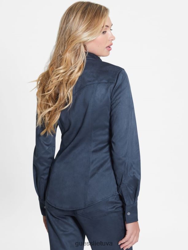 moterys GUESS 6NLN1195 drabužiai pajuodęs mėlynas marškinėliai iš dirbtinės zomšos vakarietiški marškiniai