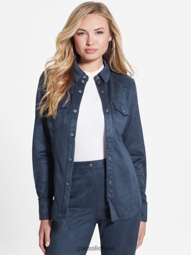 moterys GUESS 6NLN1195 drabužiai pajuodęs mėlynas marškinėliai iš dirbtinės zomšos vakarietiški marškiniai