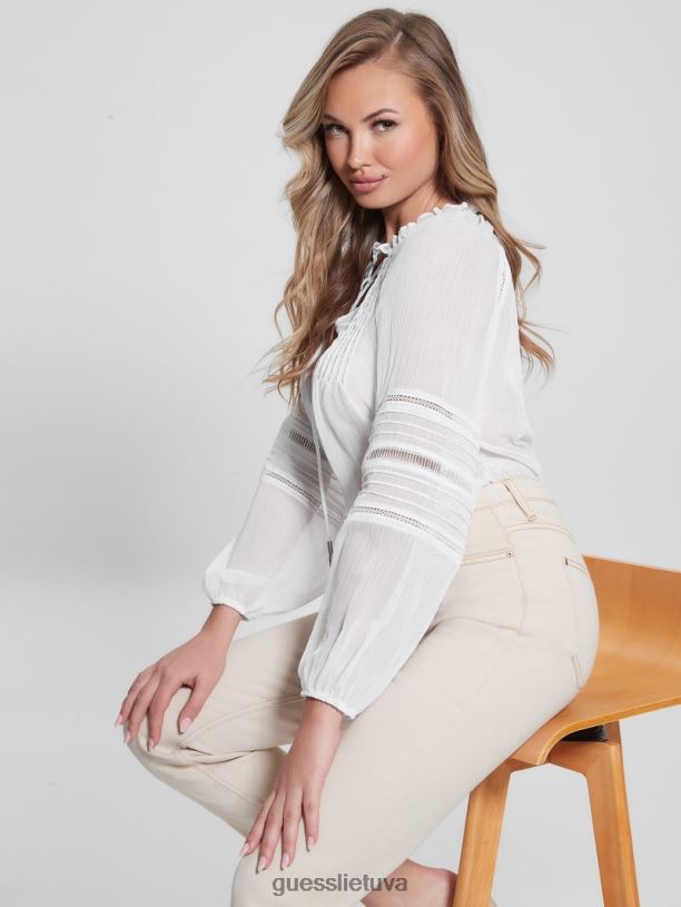 moterys GUESS 6NLN1240 drabužiai visiškai baltas eko gilda permatoma palaidinė ilgomis rankovėmis
