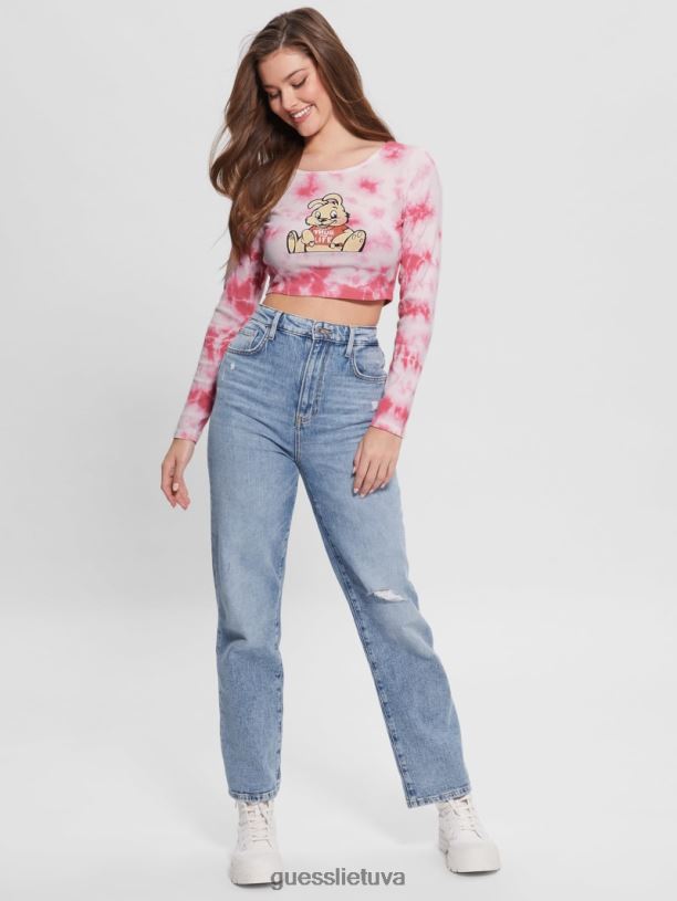 moterys GUESS 6NLN1278 drabužiai ryto rožinė multi Bunny grafinis kaklaraištis dažomas viršus