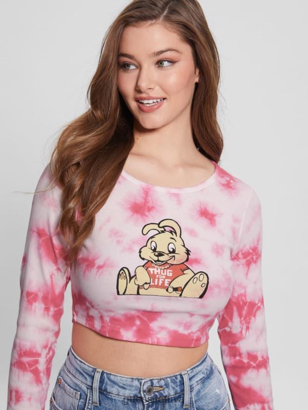 moterys GUESS 6NLN1278 drabužiai ryto rožinė multi Bunny grafinis kaklaraištis dažomas viršus