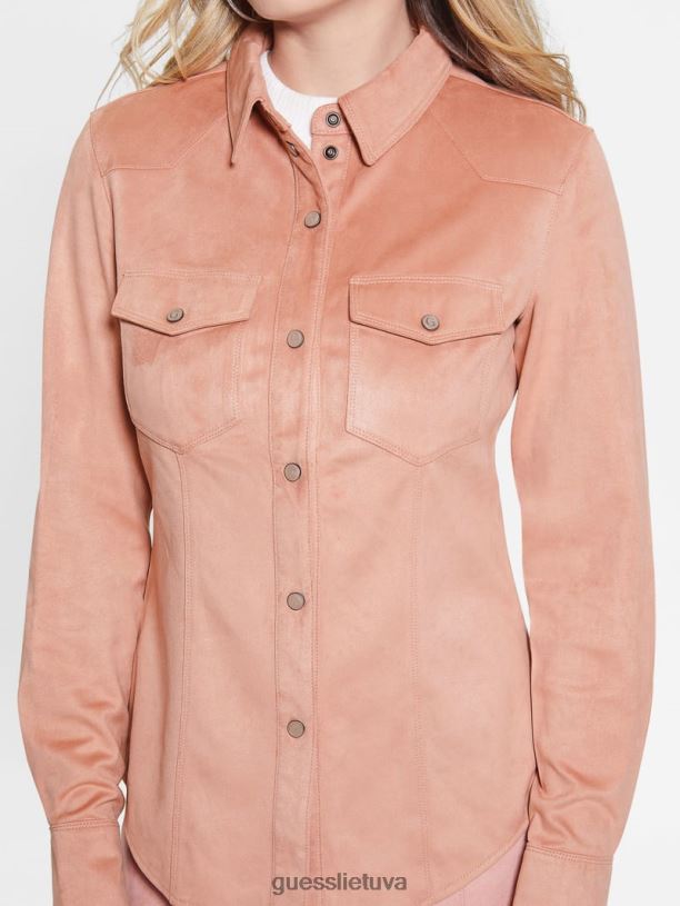 moterys GUESS 6NLN1425 drabužiai satininė rožė marškinėliai iš dirbtinės zomšos vakarietiški marškiniai