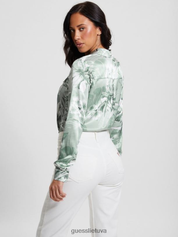 moterys GUESS 6NLN930 drabužiai dulkėtas paparčio džiunglių atspaudas eko linda satino marškinėliai