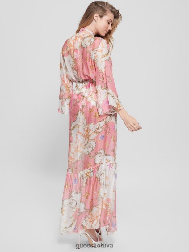 moterys GUESS 6NLN2562 drabužiai jūra ir kriauklė visame pi ilgas šilko mišinio kimono