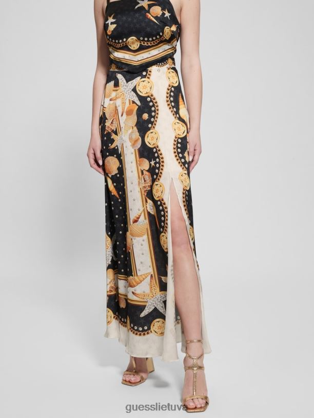 moterys GUESS 6NLN2026 drabužiai juodas apvalkalo spaudinys dora satin maxi sijonas