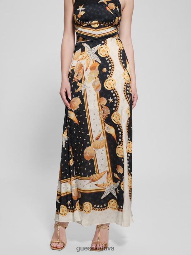 moterys GUESS 6NLN2026 drabužiai juodas apvalkalo spaudinys dora satin maxi sijonas