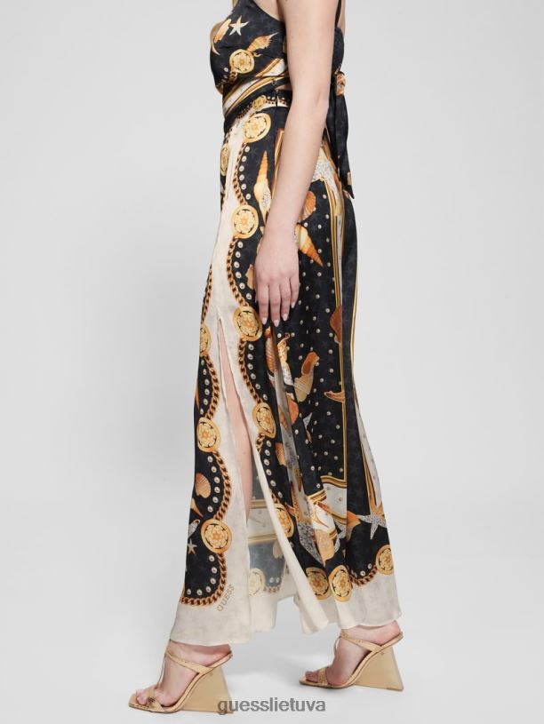 moterys GUESS 6NLN2026 drabužiai juodas apvalkalo spaudinys dora satin maxi sijonas