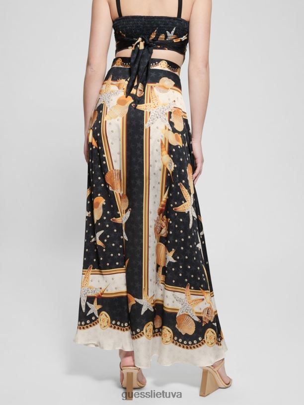 moterys GUESS 6NLN2026 drabužiai juodas apvalkalo spaudinys dora satin maxi sijonas