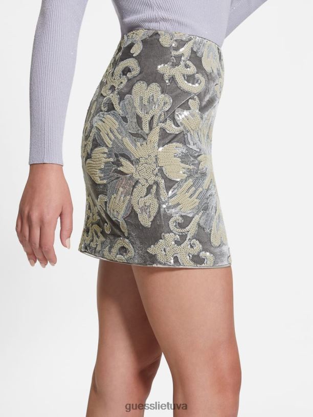 moterys GUESS 6NLN2398 drabužiai gėlių blizgučiai embro sidabro ernesta puoštas aksominis sijonas