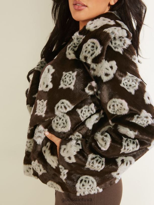 moterys GUESS 6NLN1829 drabužiai 4 g žakardo rudos spalvos derinys maddalena logotipo dirbtinio kailio striukė